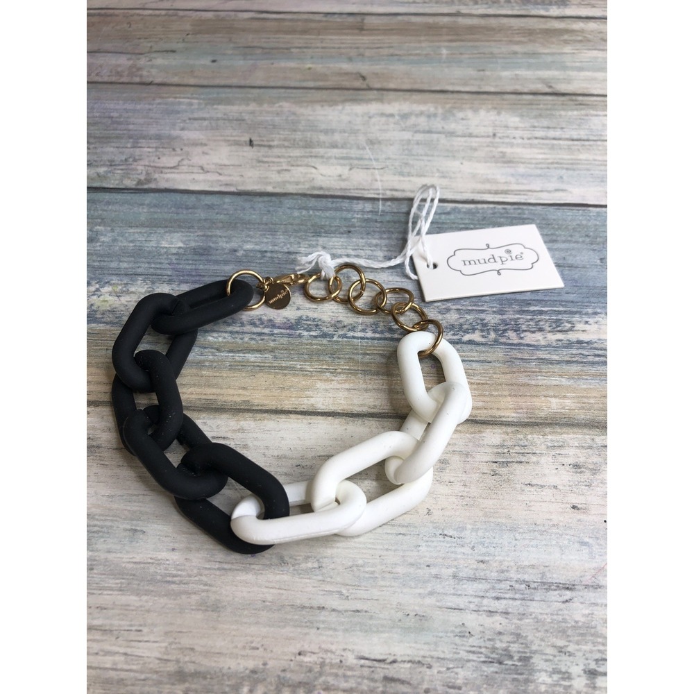 Black White‎ Link Chunky Bracelet 10" Large Rubber Coated NWT